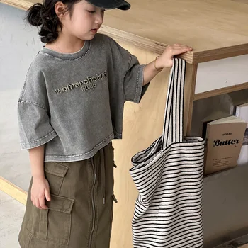 Girls' short sleeve T-shirt 2024 spring and summer loose casual T-shirt children's round neck letter top