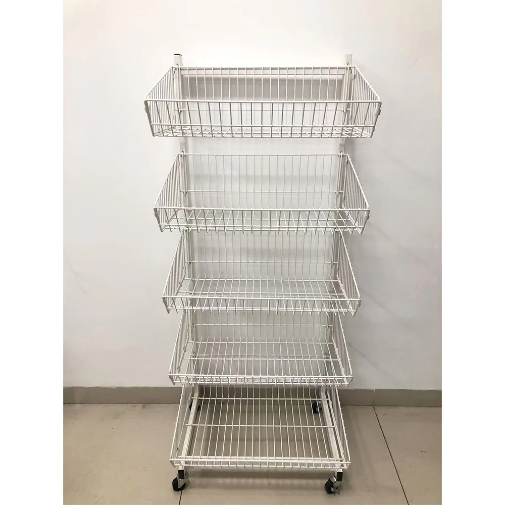 Fruit Vegetable Storage Basket, 5 Tier Stackable Wire Storage Baskets with Wheels Produce Organizer Kitchen Rack Storage Cart