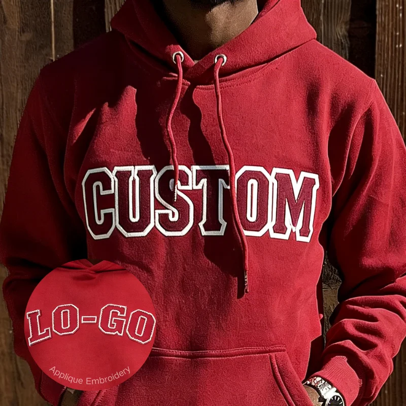 Winter Embroidered Patch Casual Letter Embroid Hoodie Applique Custom Logo Patchwork Sweatshirt Acid Wash Men's Applique Hoodie
