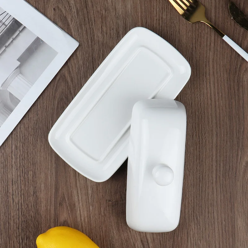 Custom Porcelain Cheese Butter Keeper Container Handle Cover Rectangular Ceramic Butter Dish With Lid