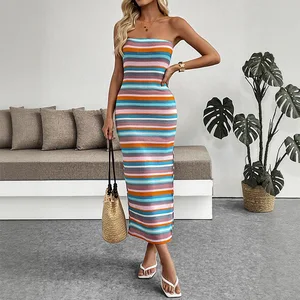 2025 New Vintage Color Embroidered Striped Tube-length Seaside Split Dress European American Foreign Trade Polyester Spandex