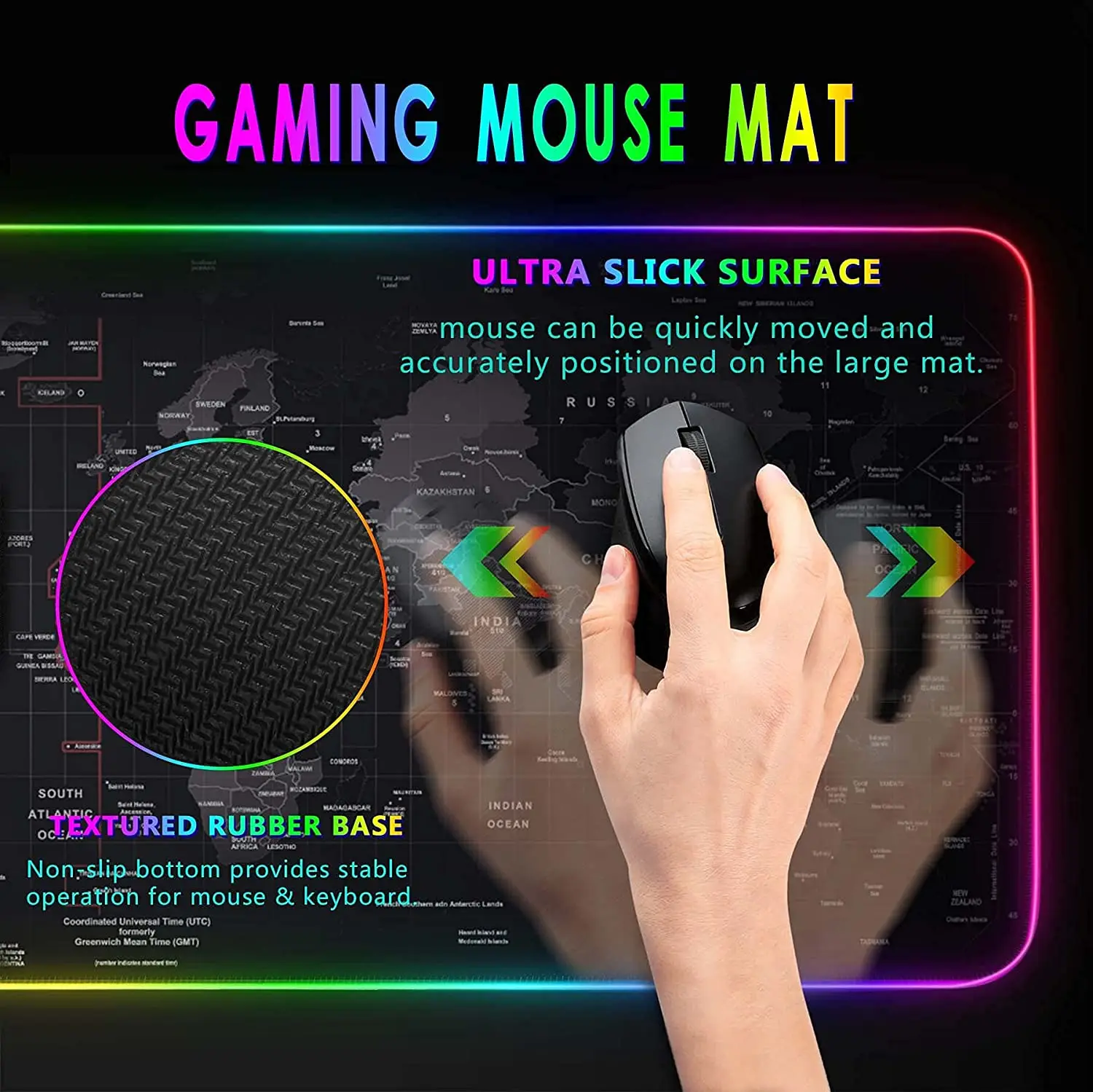 Durable XXL Fabric Surface Non Slip Extended Custom Design World Map LED RGB Gaming Mouse Pad