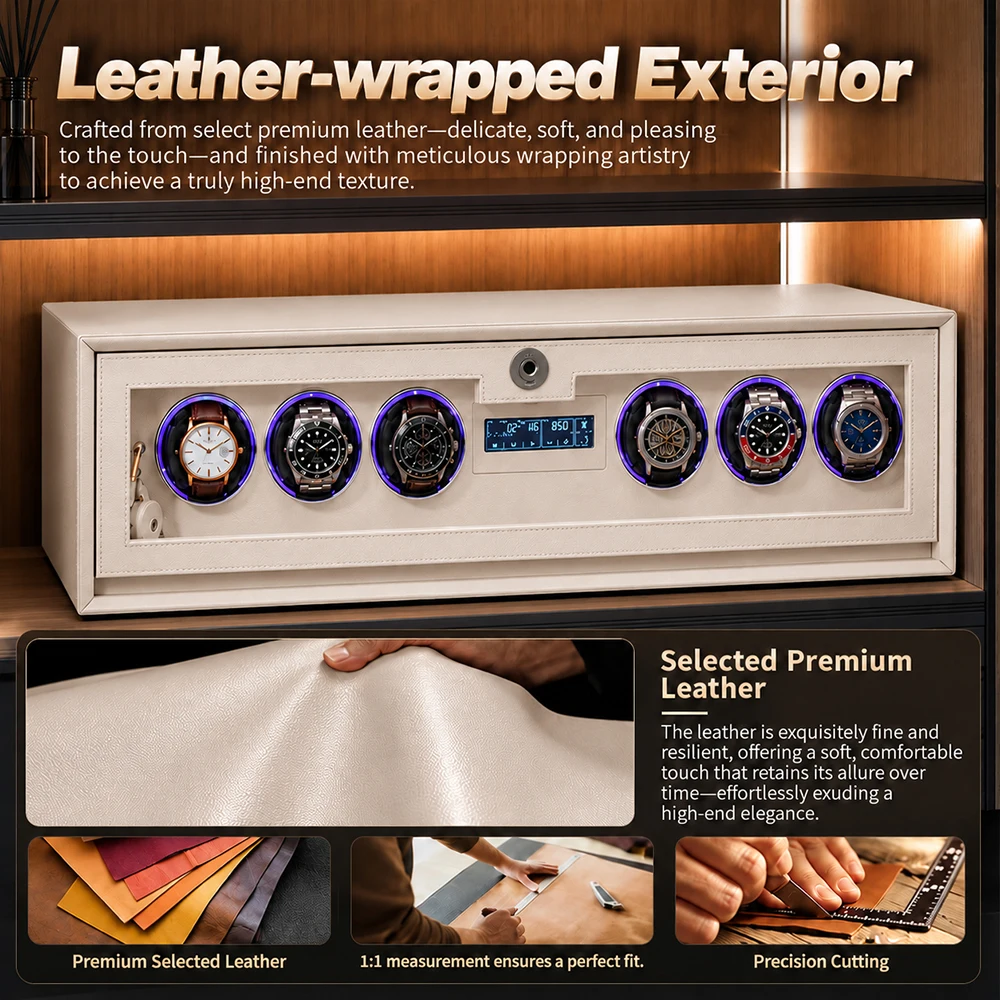 CEQSAFE Luxury Leather Decorated Box 6 Slots Watch Winder Mabuchi Motor Safe Box with Jewelry Drawer Cabinet