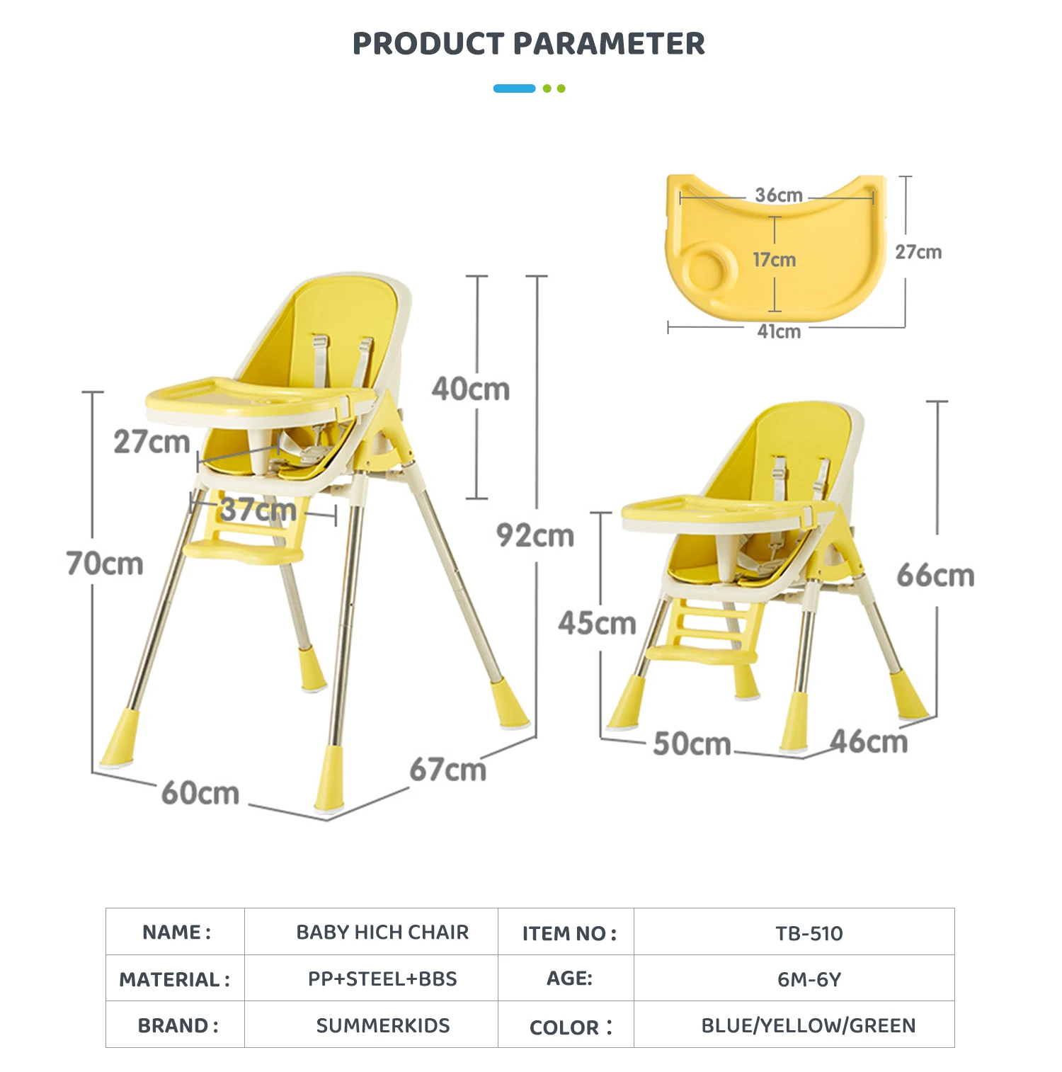 Double Tray Design Baby Child Food Dining High Chair Table With