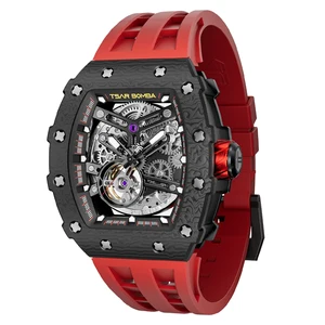 2023 Factory Luxury Men's Tonneau Sport Watch Skeleton Stainless Steel Mechanical Automatic Miyota Movement Carbon Fiber Rubber