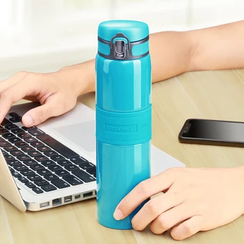 480ml/17oz Stainless Steel Water Bottle with Leakproof Vacuum Cup Keep Hot and Cold Water 12 Hours Food Grade Silicone LFGB