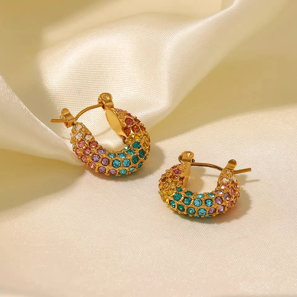 Wholesale 18k Gold Plated Trendy Statement Large Bling Colorful CZ Diamond Huggie Hoop Earrings Stainless Steel Gift for Girls