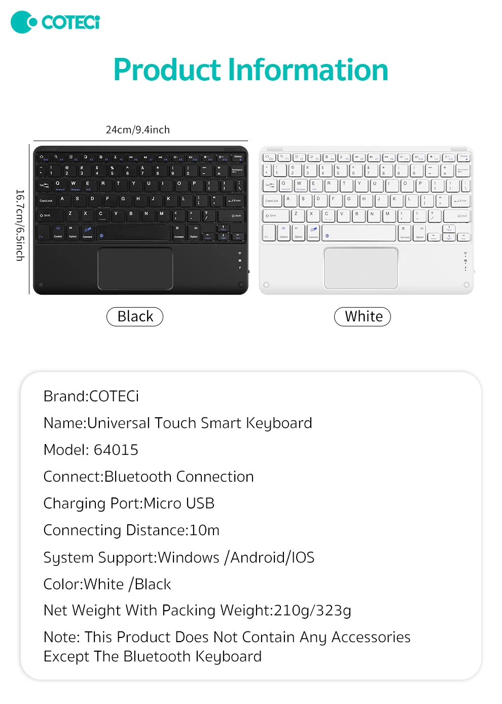 COTECi Office Use Ultra-Slim BT Business Keyboard Rechargeable Mini Wireless Tablet Keyboard With Trackpad for iPad IOS Windows