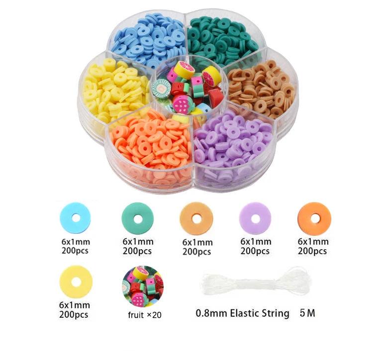 6 Colors 1200pcs Heishi ABS Pearl Disc Flat Beads Kit Fruit Polymer Clay Beads for DIY Bracelet Jewelry Making