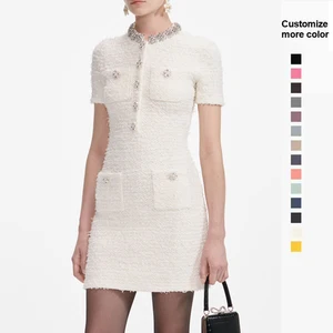 High Quality Customized Women's knit Mini Dresses Collared Neck Beaded Button Pocket Short Sleeves Straight Dress