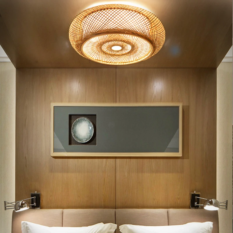 Luminária de teto redonda de bambu artesanal moderna e natural com LED, ideal para quarto e sala de estar. Lustre de bambu com lâmpadas._voghion.com