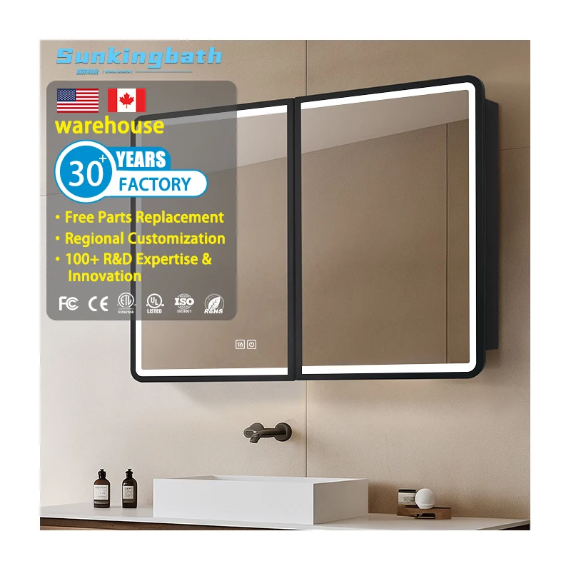 Black Double Door Surface Mount Rectangle Led Medicine Cabinet Aluminum Framed Bathroom Cabinet with Mirror