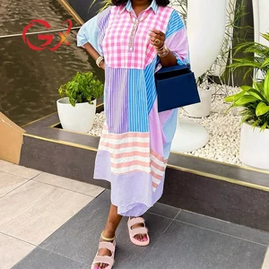 GX7234A Fashion 2026 Fall Women Clothing Vendor Half Sleeve Maxi Dress Sexy Color Patchwork Stripped Printed Loose Dresses