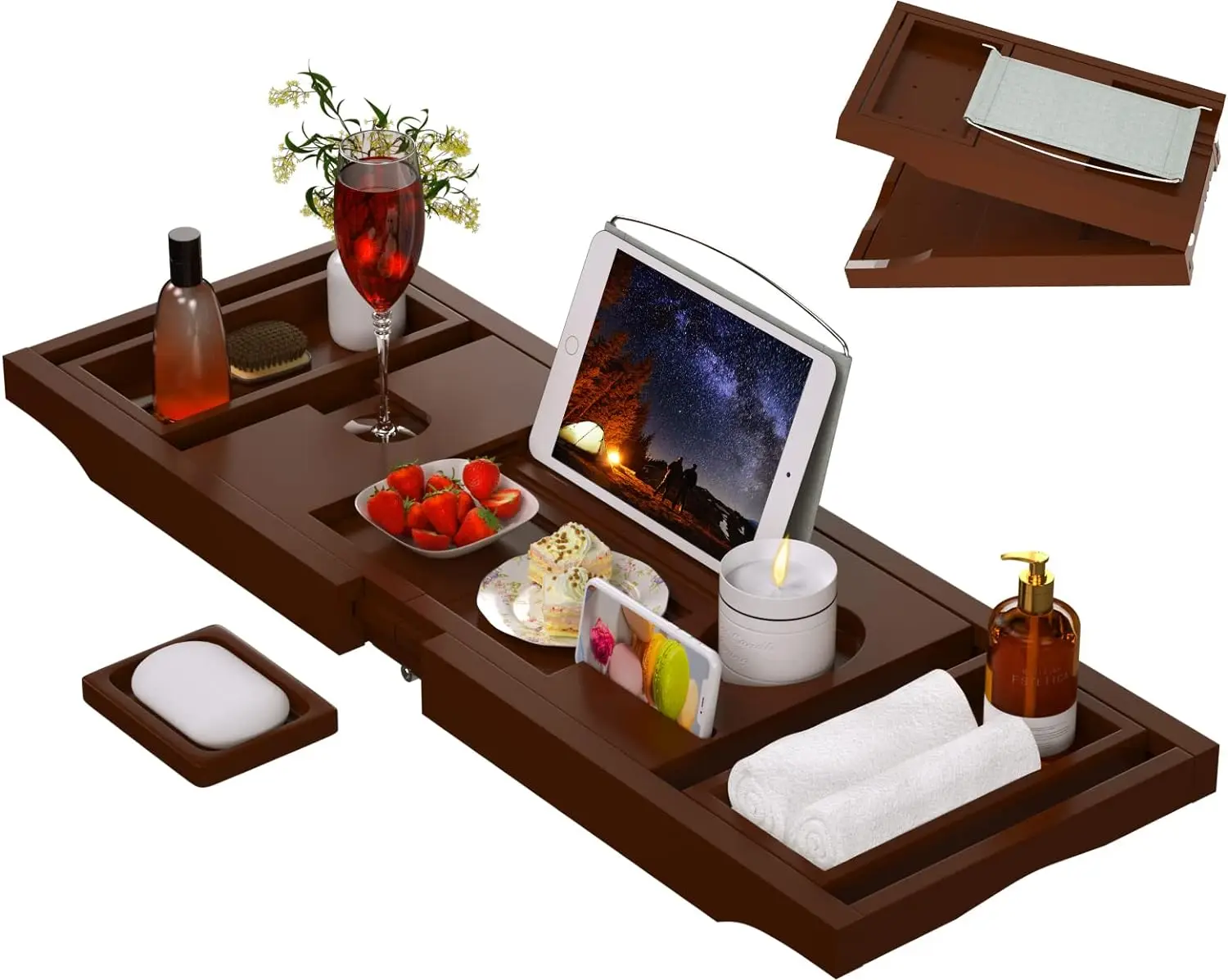 Eco-Friendly Foldable Bamboo Bath Table Tray with Book and Wine Glass Holder Bathtub Caddy Tray for Home