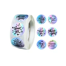 Roll Stickers waterproof 500 pcs 1 inch Holographic Custom Printed Laser Paper Colorful Adhesive Thank you sticker