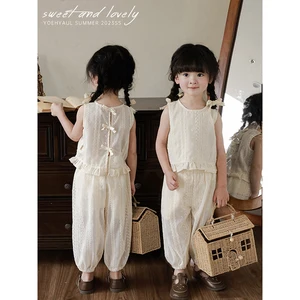 Boutique Beige Exquisite Jacquard Summer Baby Girls Tank Trousers Set Casual Wholesale High Quality Toddler Girls Suit
