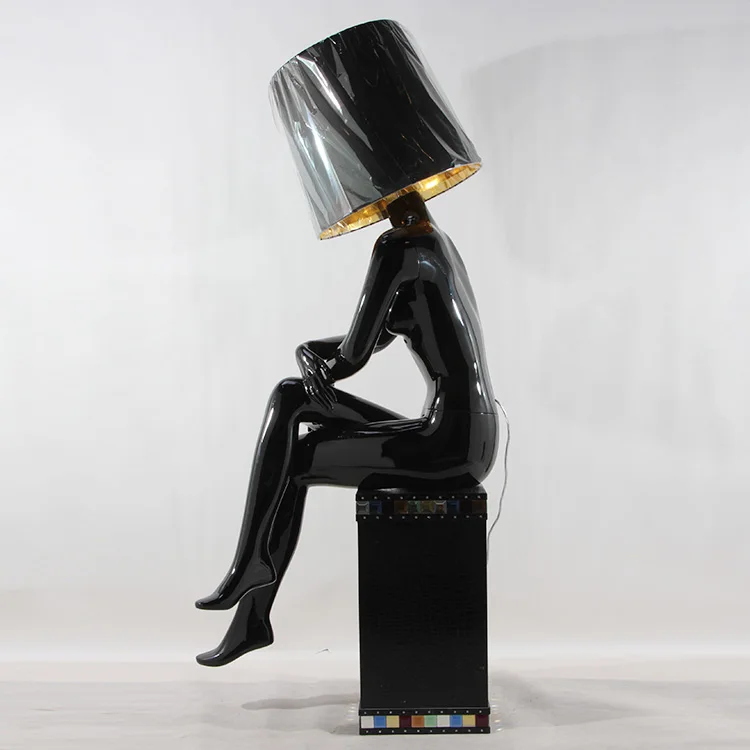 Fashional Window Display Model With Lamp Shape Head Black Female Women Sitting Mannequin