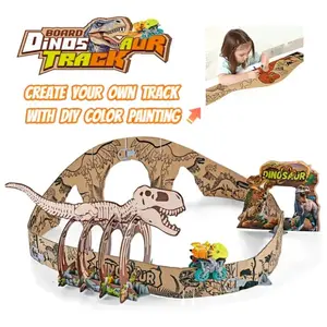 ITTL DIY Graffiti Handmade Assembled Paper Board Play Set Electric Light Rail Car Dinosaur Drawing Cardboard Track Toys for Kids