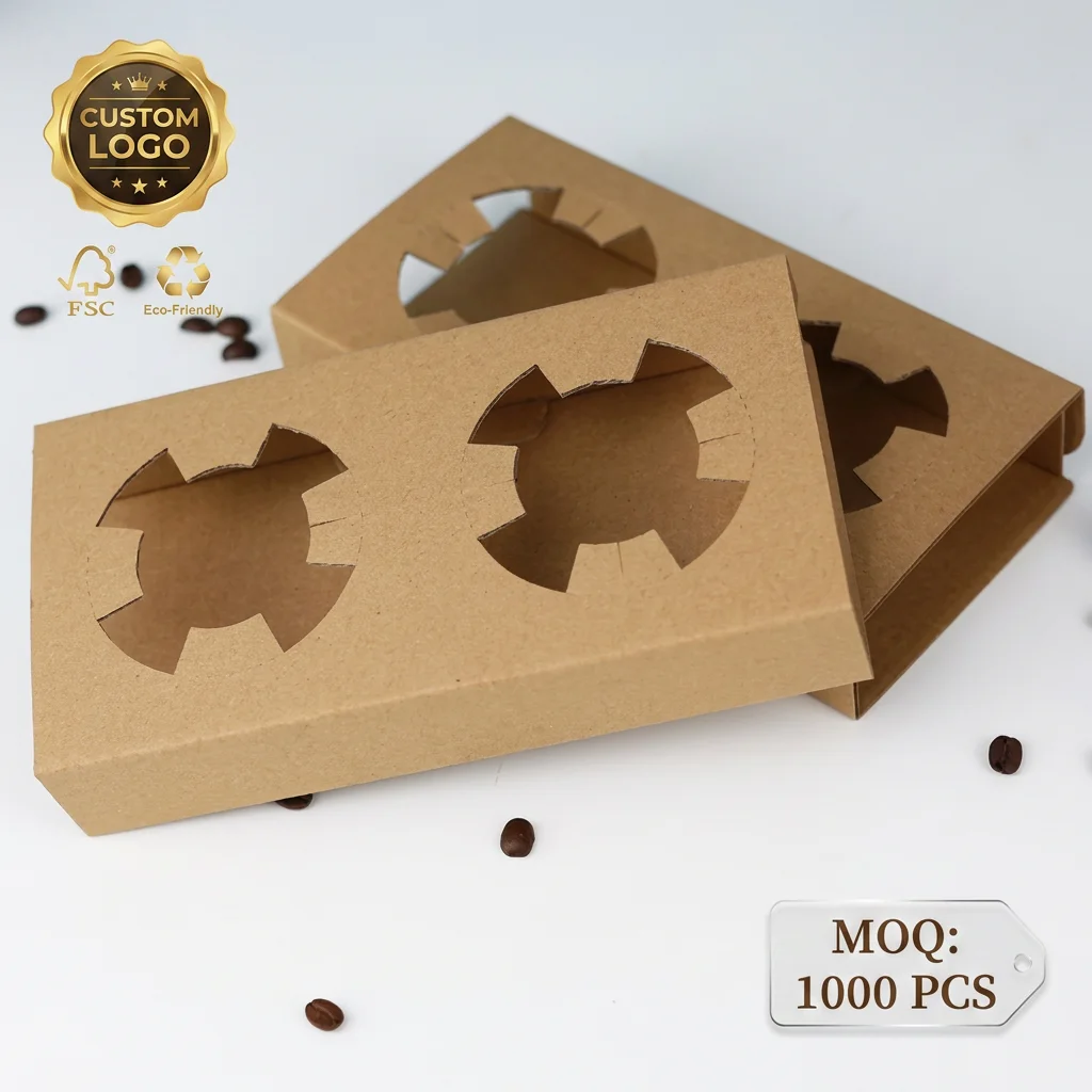 Custom Disposable Paper Cup Holder Tray Biodegradable Kraft Coffee Drink Carrier with Handle for Tak