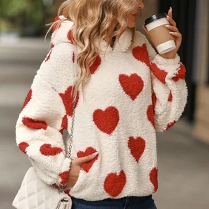 Women's Casual Fleece Hooded Sweatshirts Soft Warm Streetwear with Heart Print for Fall Winter Spring