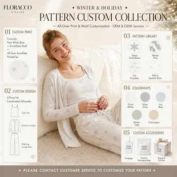 Women's Cotton Snowflake Print 3 Piece Lounge Set Padded Cami Long Sleeve Cardigan Pants Spring Autumn Homewear