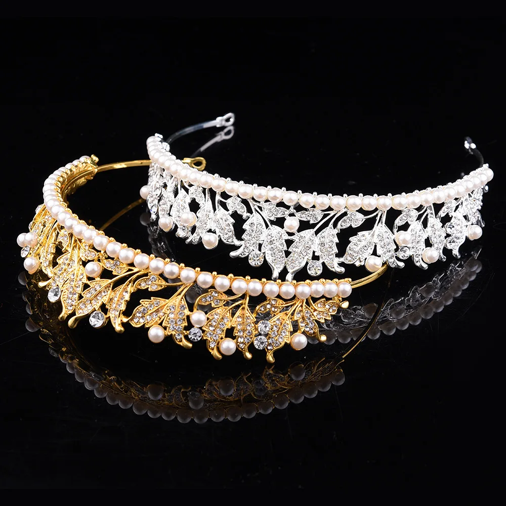 ZHG1067, оптовая продажа, модная корона принцессы с листьями, свадебная корона со стразами и жемчугом, свадебные головные уборы