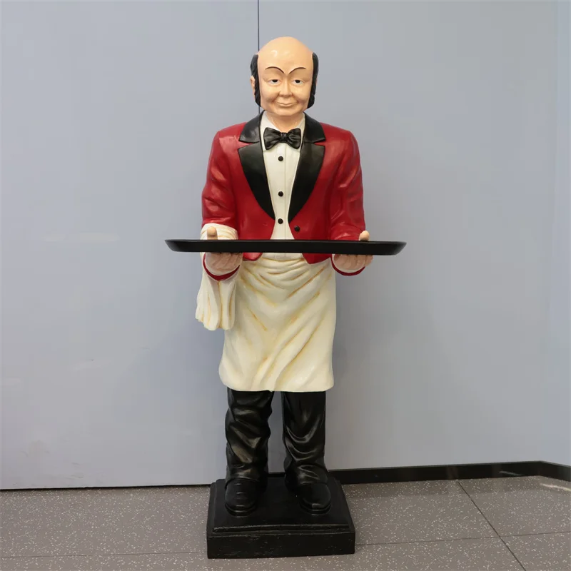 Quality Assurance Custom Resin Waiter Statue Handcrafted Elderly Waiter Figurine Serving Butler for Restaurant and Home Decor