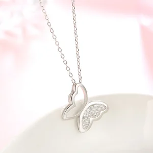For Women Wedding 925 Sterling Silver Jewelry Necklaces Beautiful Crystal Butterfly Big Necklace