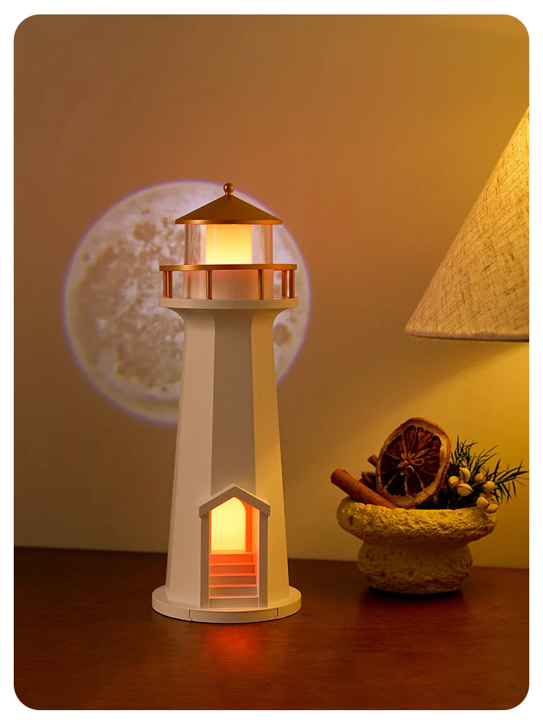 Lighthouse Shaped LED Night Light Projector Moon Pattern Warm Glow Nautical Style Home Decor Bedroom Desk Ambient Lamp