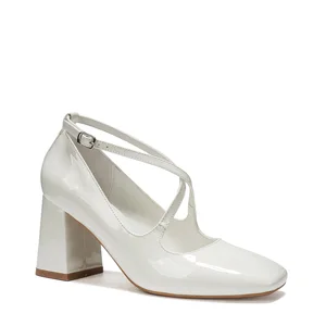 Comfortable 8cm Height Square-Heel Pumps with Ankle Straps Fashionable Solid Pattern Square Toe Design Slip-On Closure