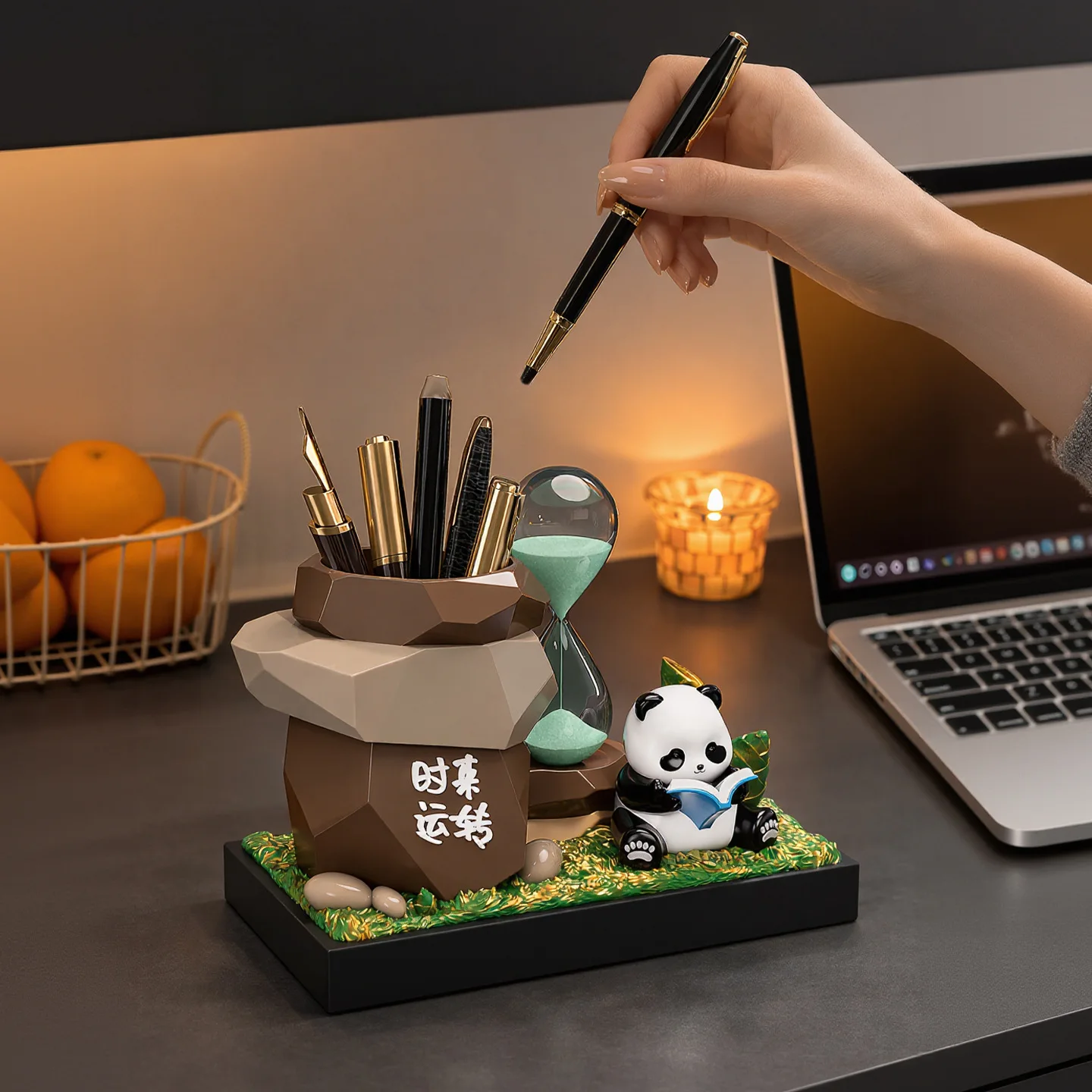 Panda Shaped Pen Holder with Hourglass Timer Cute Cartoon Style Home Office Desk Organizer Creative Decorative Storage Display