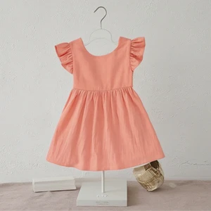 Summer Girls' Dress Baby Cotton Linen Solid Color Bow Princess Flare Sleeve Sunflower Party Knee-Length Children Clothes Kids