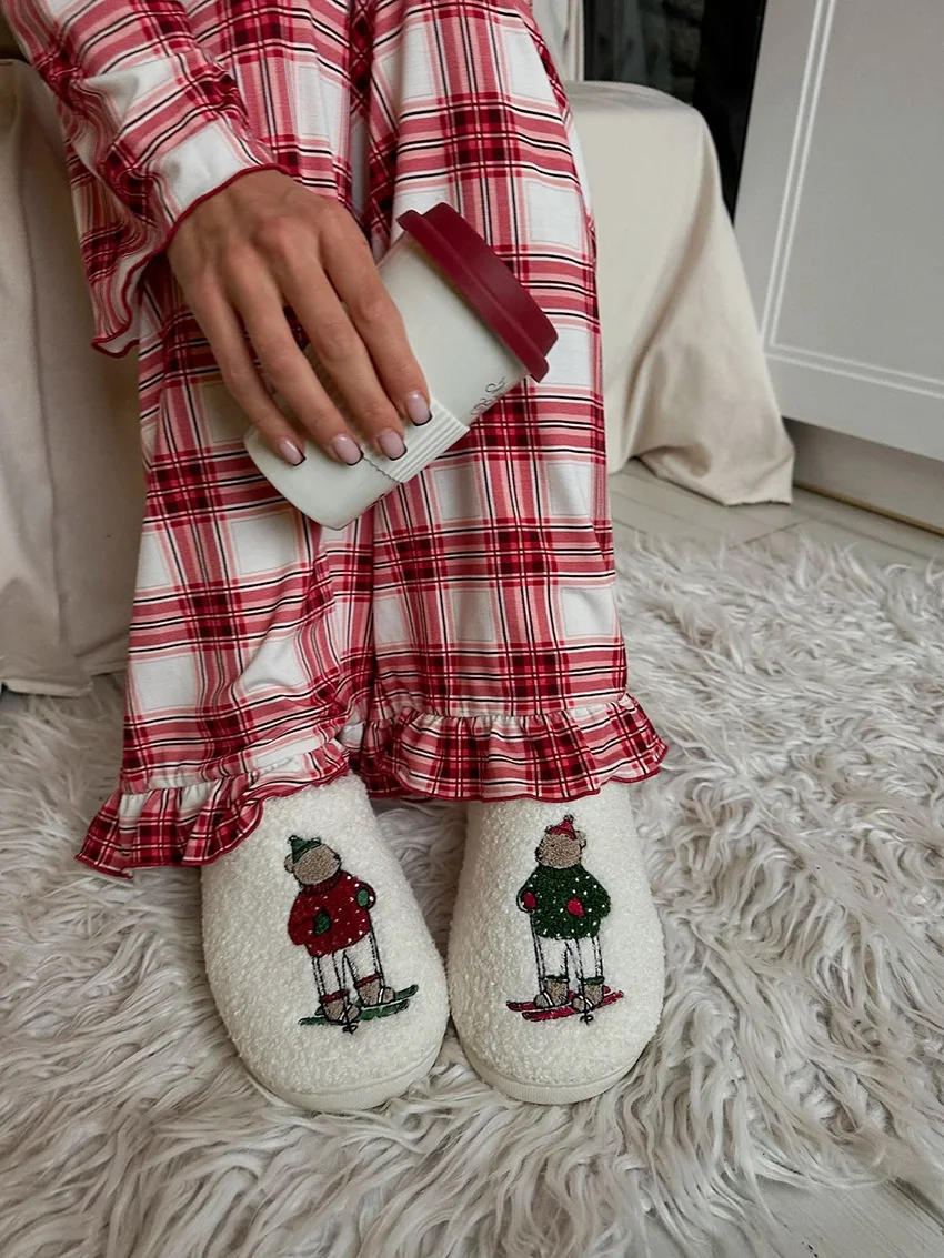 Breathable Plaid Women Pajama Set Long Sleeve Full Length Knitted Polyester Christmas Sleepwear — detail