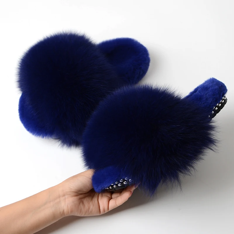 Womens Outdoor Indoor Luxury Real Fox Fur Sliders Slides Ladies Sandals Slippers 