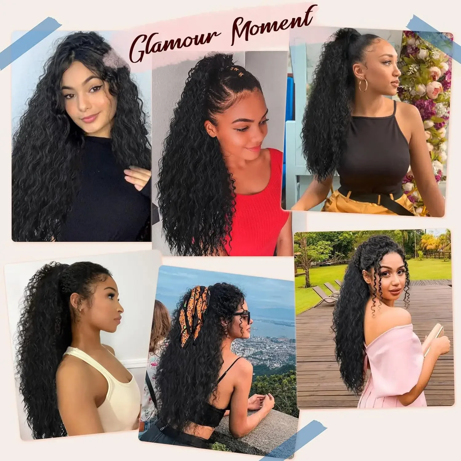 Brazilian Kinky Straight Drawstring Ponytail Natural Black 100% Human Hair Clip in Extensions for Women_voghion.com
