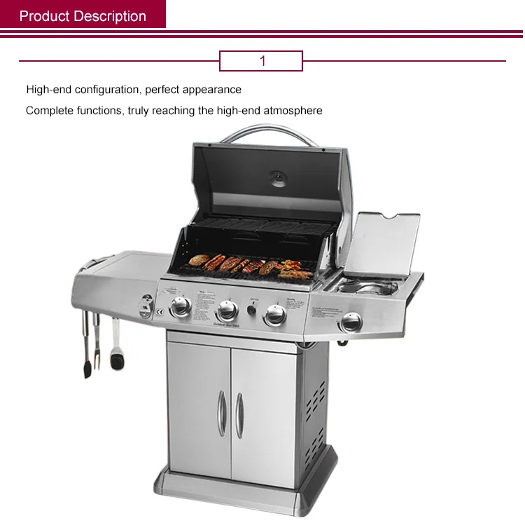 Easily Assembled And Cleaned 3 Burner+1 Side Burner Gas Grill With High Pressure Protection Device Stainless Steel Gas Grill