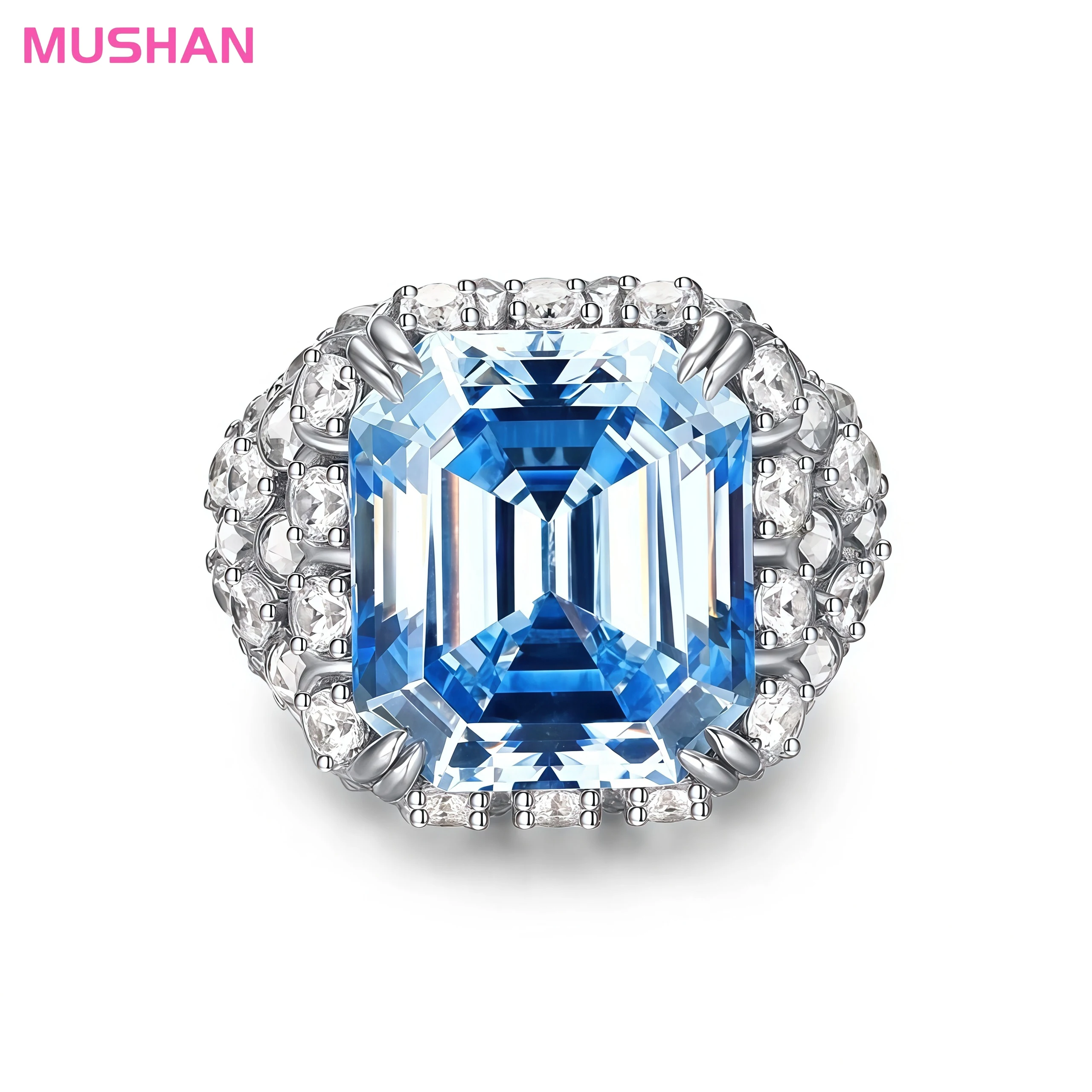 MUSHAN Jewelry Factory 925 Sterling Silver Ring Women Engagement Wedding 16CT Synthetic Aquamarine 5A Zircon Blue Jewelry Rings