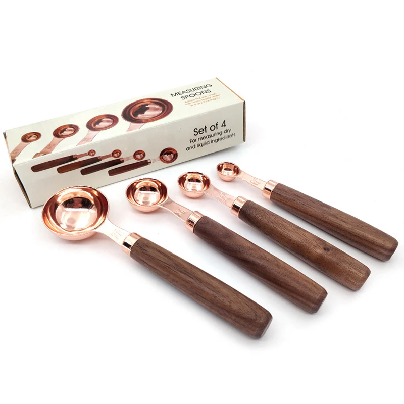 8PCS Copper Engraved Measuring Spoon and Cup Set With Walnut 