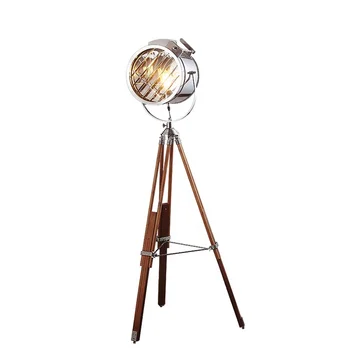 Simig lighting Industrial vintage antique lamp natural wooden colour adjusted height E27 tripod floor lamp