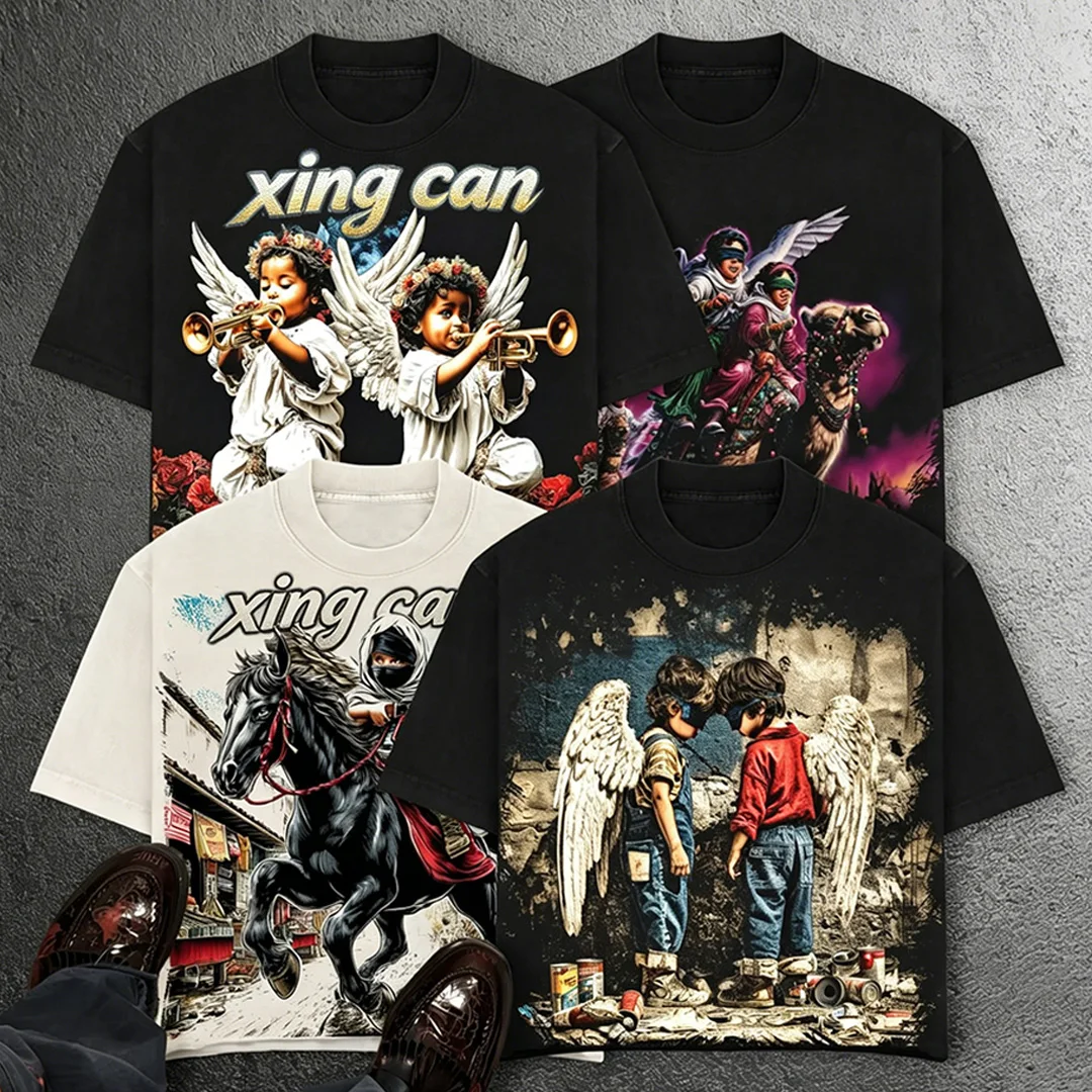 Niestandardowe T-shirty w stylu streetwear, ciężkie, 200 g/m², 100% bawełna, oversize, prostokątny krój, druk cyfrowy DTG, graficzny motyw, kwasowy wybielacz, motywy manga