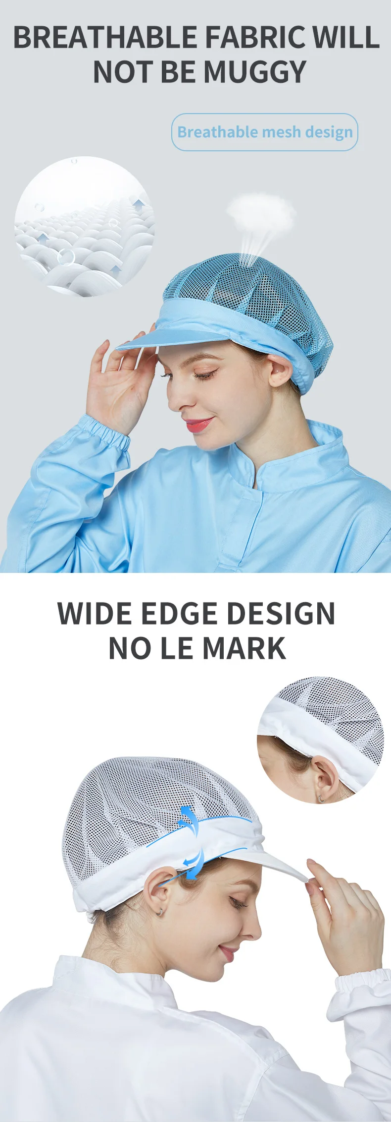 KL-3011 Breathable Food Processing Hat with Polyester-Cotton Mesh for Dustproof Protection in Blue and White One Size Fits All