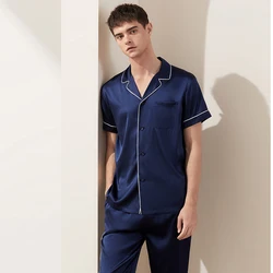New arrival wholesale luxury blue night suit set men's sleepwear silk satin pajamas men NO 1