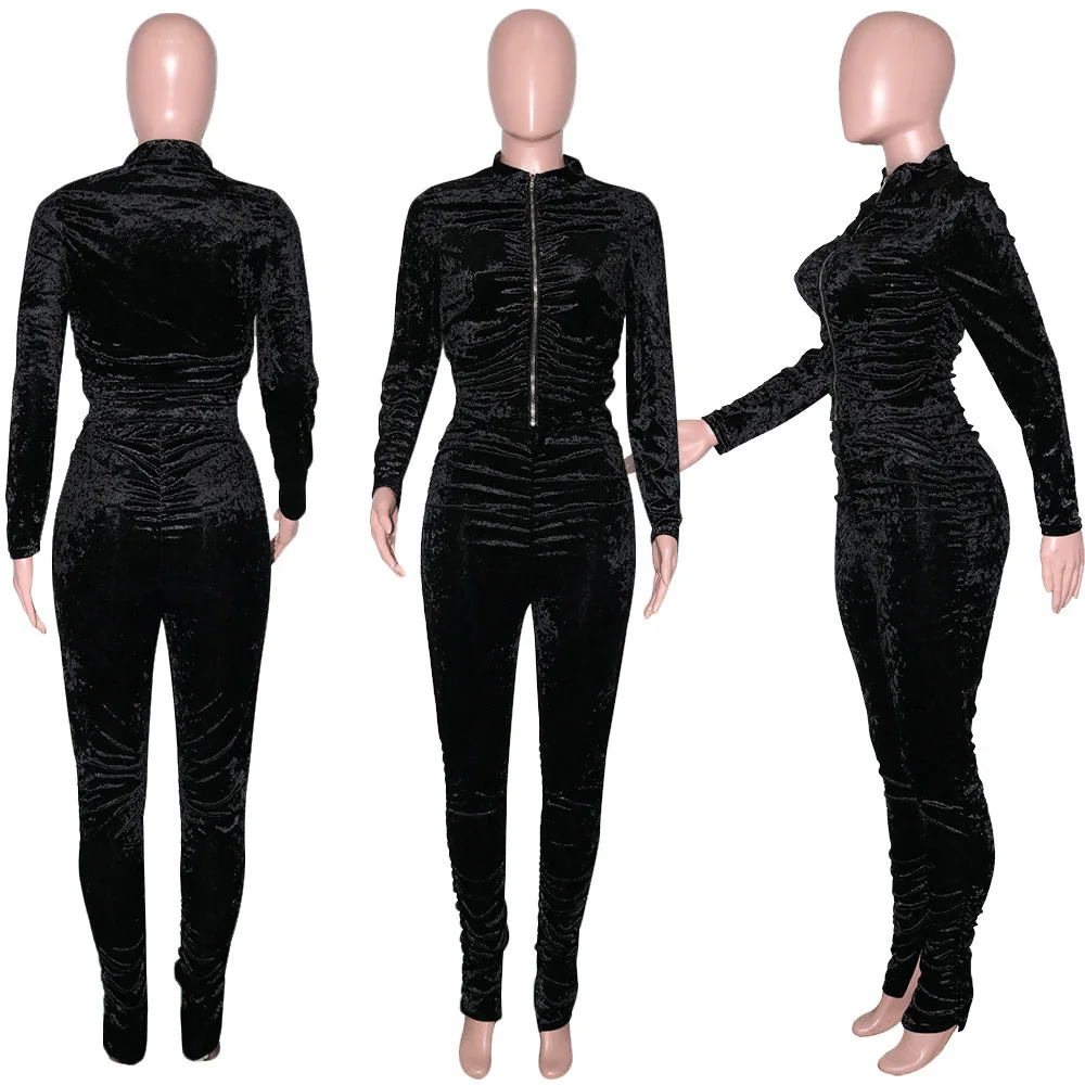 2025 Fall Winter Women Solid Color Long Sleeve Joggers Pants 2 Piece Set Women Velour Velvet Tracksuit Sweatsuit