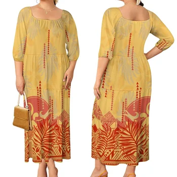 fashion polynesian tribal design pacific print dresses puff sleeves tiered fishtail dress for women elegant long dresses