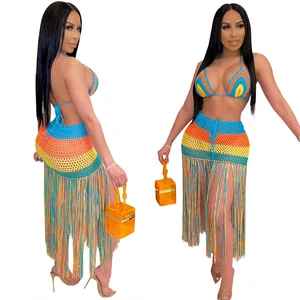 Colorful Tassel Triangle Crochet Coverup Yarn Clothing Crochet Dress Cover up