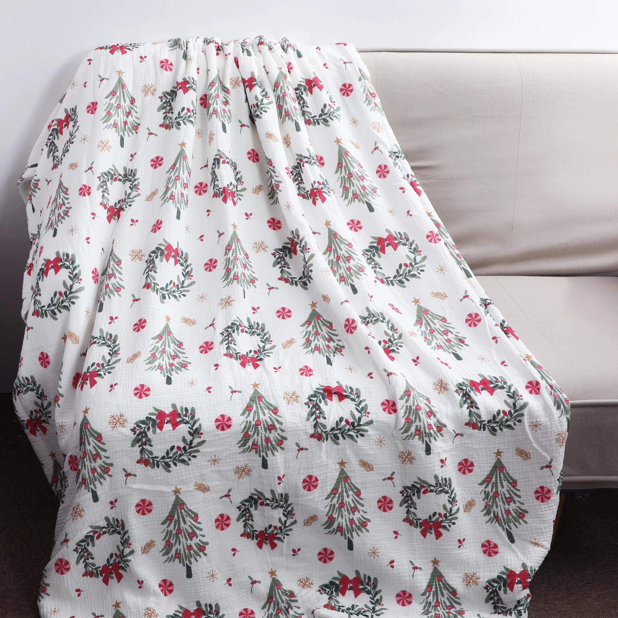 Manta moderna de gaze estampada com reverso em tecido fleece ecológico