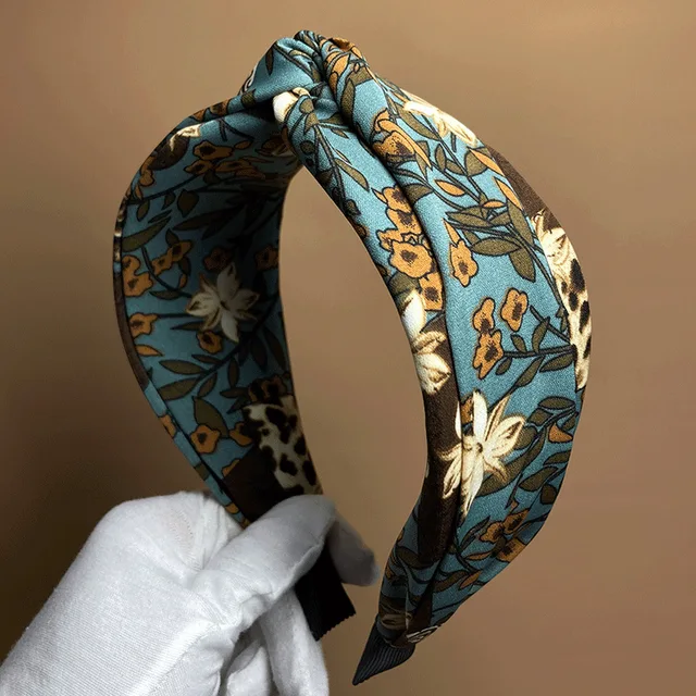 New Fabric Blue Hair Band Versatile High Top Floral Hair Hoop Elegant Retro High-end Headband