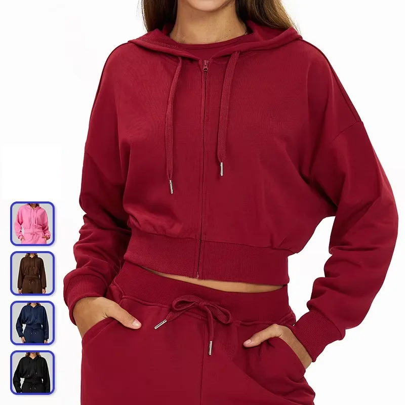 Zipper Sports Sweatshirt Hood Casual Loose Versatile Running Fitness Sportswear Sets Bre