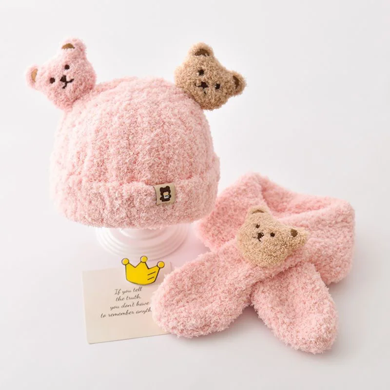 Autumn and Winter Children's Plush Teddy Bear Hat Scarf Two-piece - Main Image