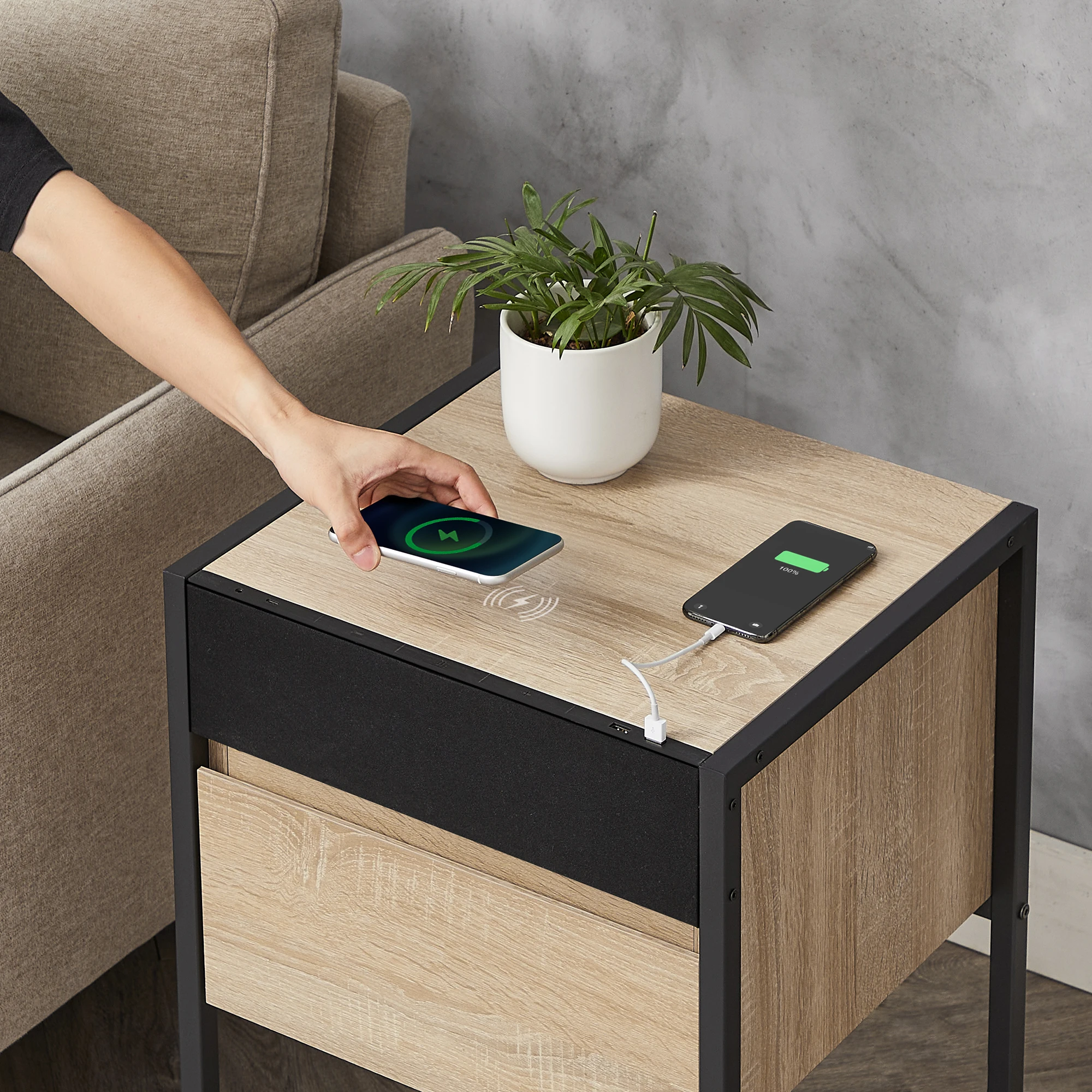 Vasagle Smart Nightstands Wood Wireless Charging Bedside Table Multi